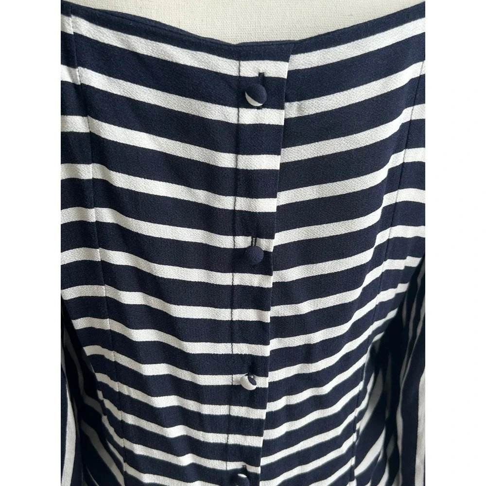 Banana Republic Women Navy White Striped Puff Sleeve Square Neck Button Back Top